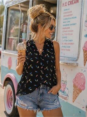 Mandee Popsicle Print Sleeveless Blouse Ice Cream Summer Tank Top L Fun Novelty